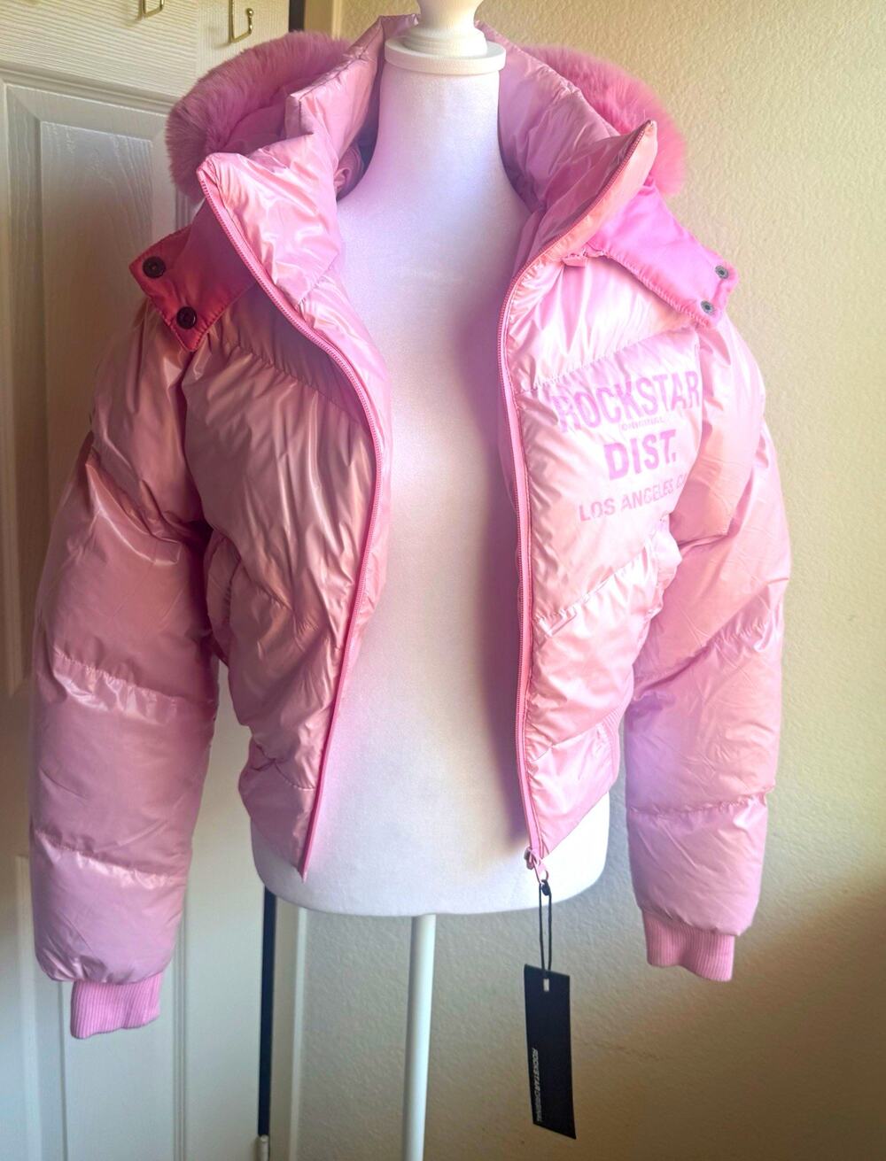 Rockstar Moncia Women's Pink Puffer Jacket Fur Trim Hood Lined Short Size M
